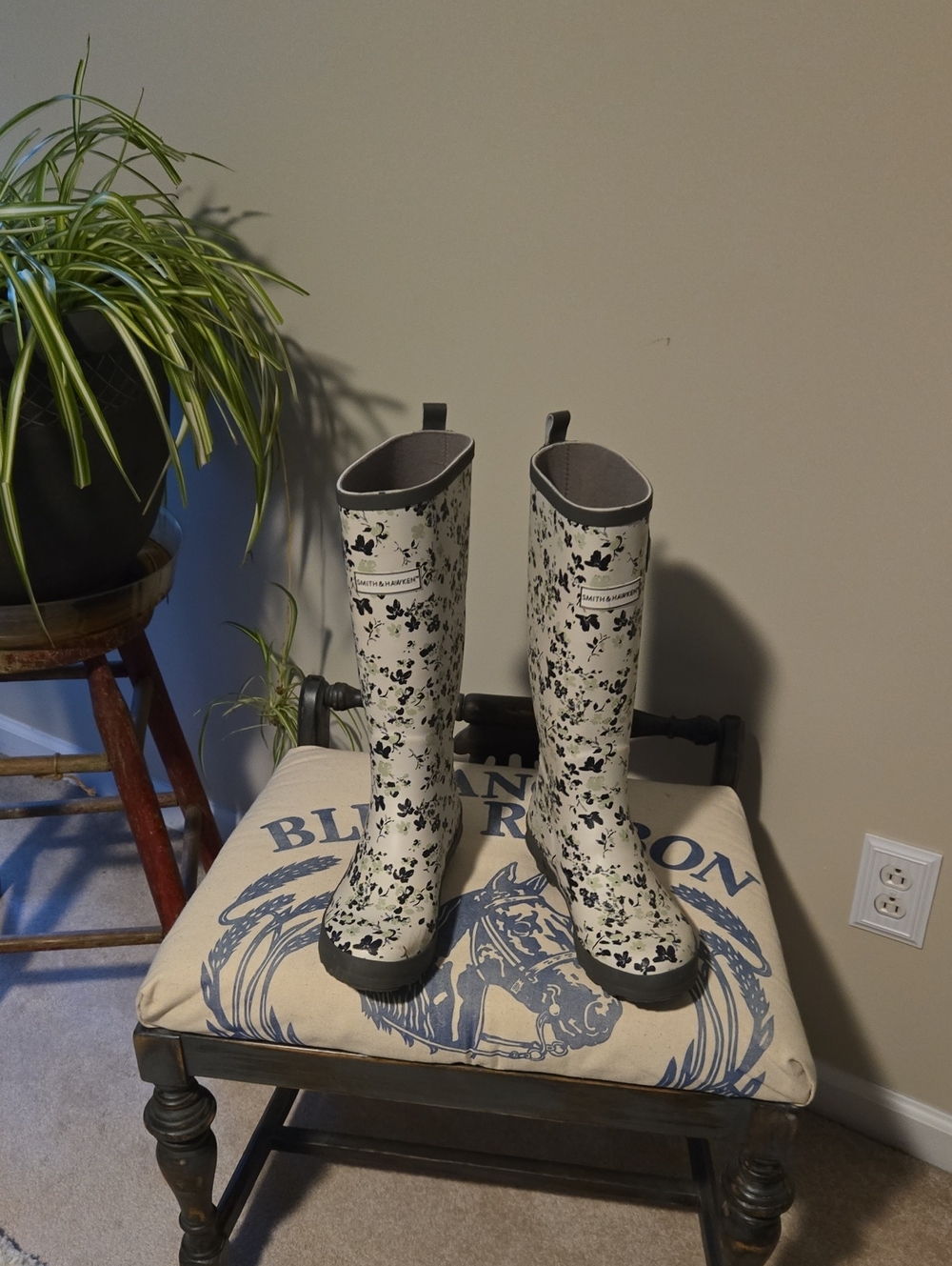 Target Cream and Black Floral Tall Rain Boots